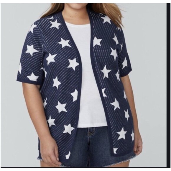 Lane Bryant Blue White Star Pattern Short Sleeve Open Cardigan Sweater Sz 14/16 - Picture 1 of 6